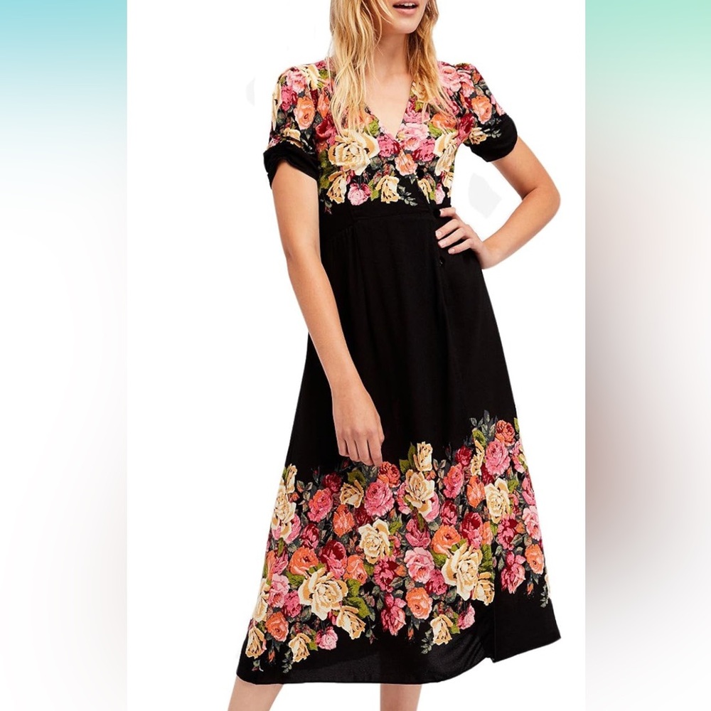 Free People Womens Jaimie Floral Print Short Sleeves Midi Dress